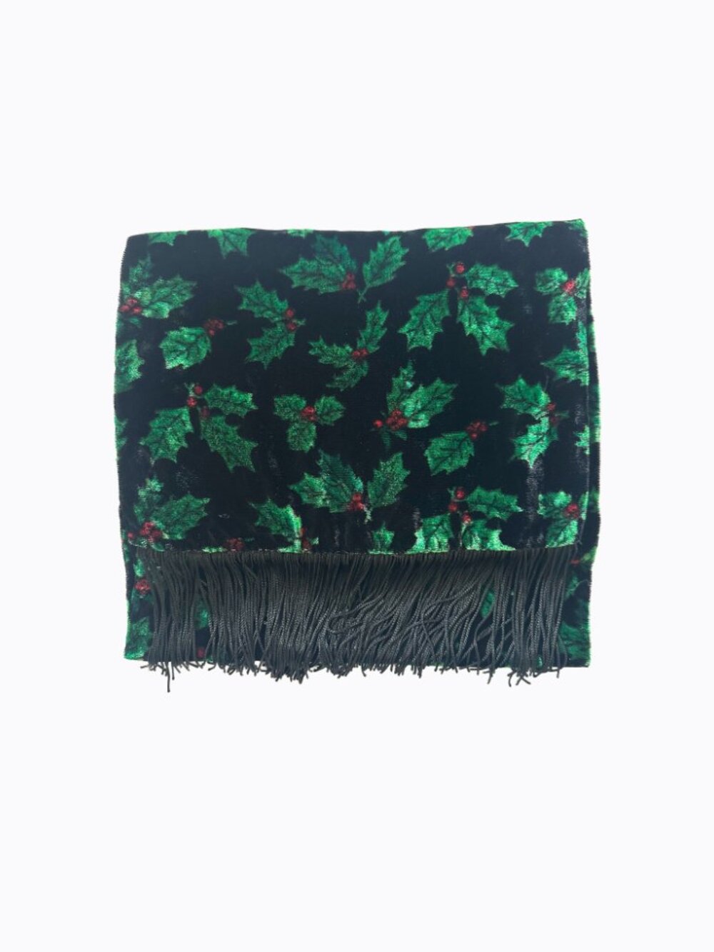 Vtg 90s Black Velvet Holly Scarf Fringe Christmas Berry Holiday Whimsigoth Wrap - Picture 6 of 6
